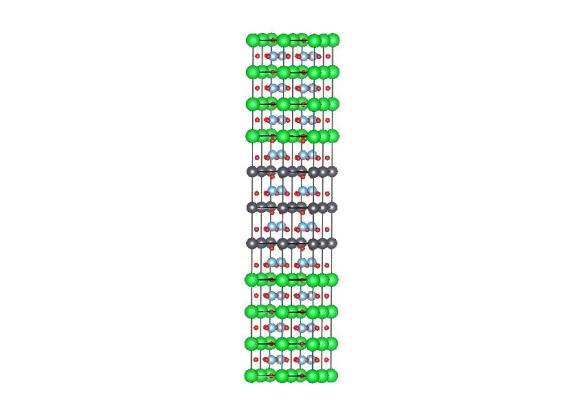 This superlattice structure consists of 4 unit cells of SrTiO3 alternated with 3 unit cells of PbTiO3. The Sr atoms are green, Pb atoms are grey, Ti atoms are blue, and O atoms are red.  Image generated by the VESTA (Visualisation for Electronic and STructual analysis) software http://jp-minerals.org/vesta/en/