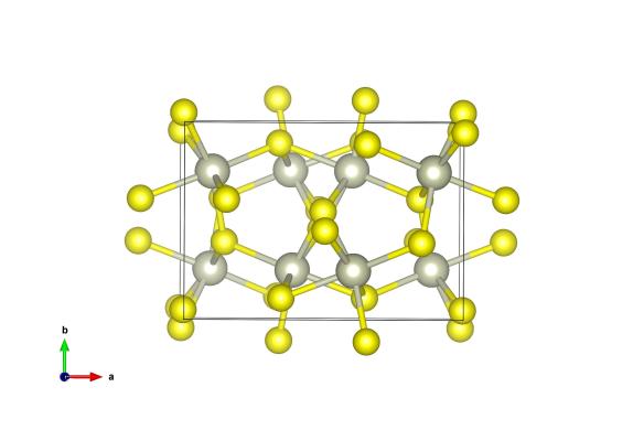 The crystal structure of Bowieite, the rhodium atoms are grey and sulfur atoms are yellow.  Image generated by the VESTA (Visualisation for Electronic and STructual Analysis) software http://jp-minerals.org/vesta/en/