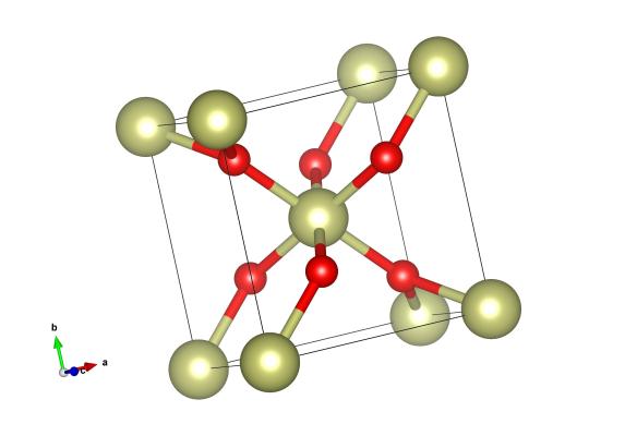 Iridium Oxide, a rutile-type structure.  Here the yellow atoms are Iridium and the red oxygen.  Image generated by the VESTA (Visualisation for Electronic and STructual Analysis) software http://jp-minerals.org/vesta/en/